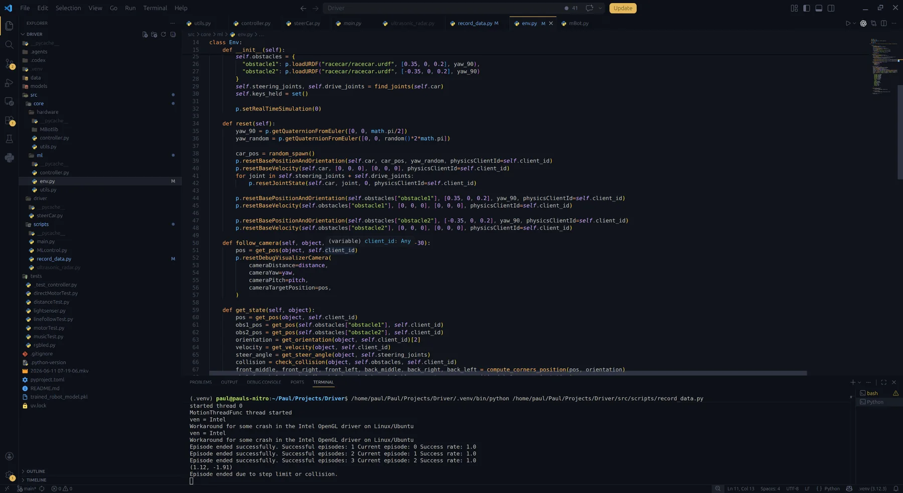 Python simulation environment code and successful generated training episodes