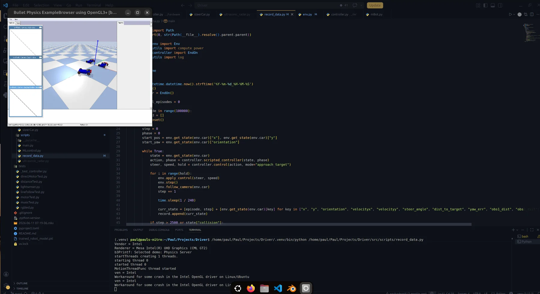 Python expert-controller data generation code running beside the PyBullet simulation