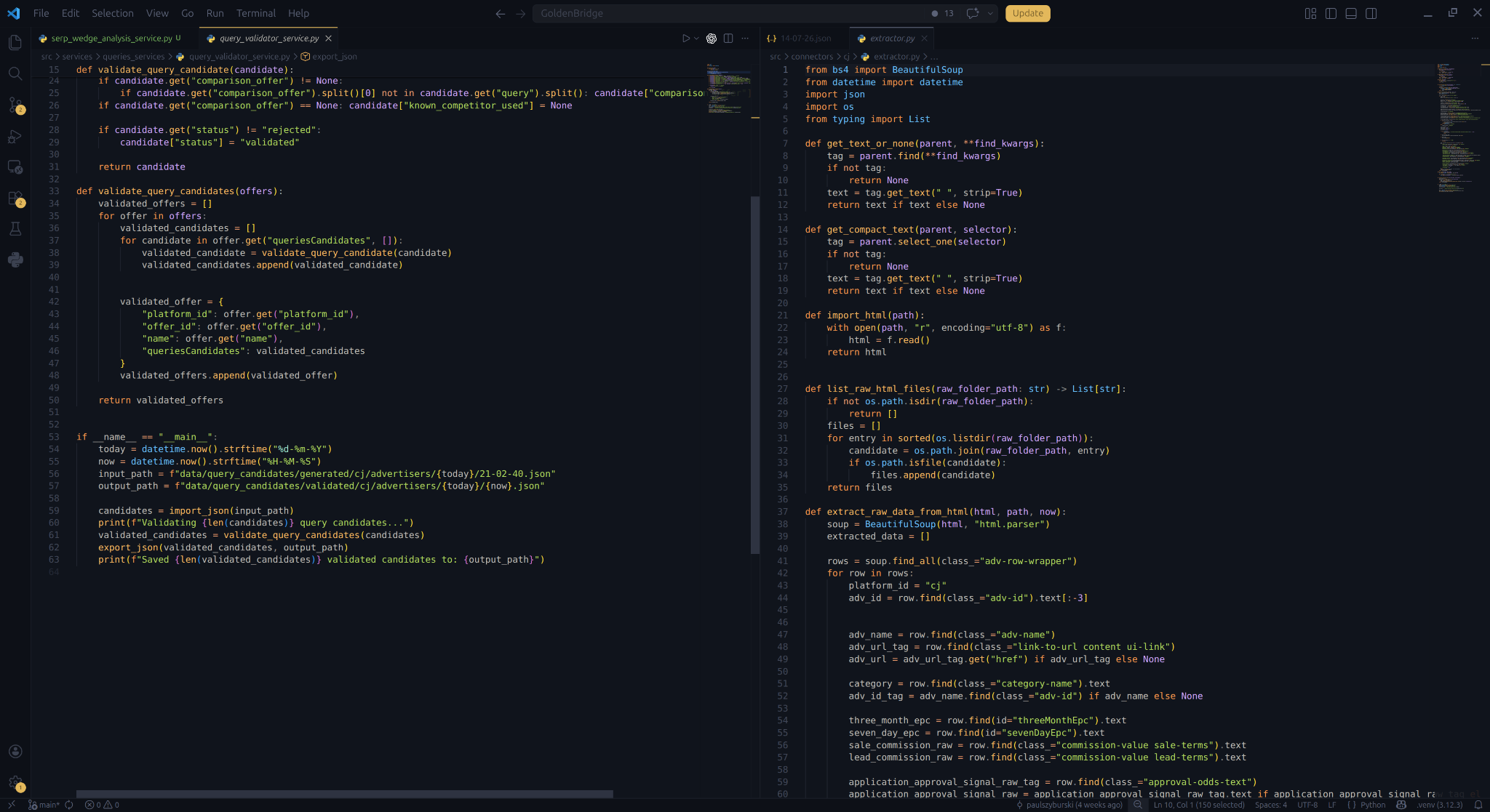 Goldbridge Python pipeline code open in Visual Studio Code