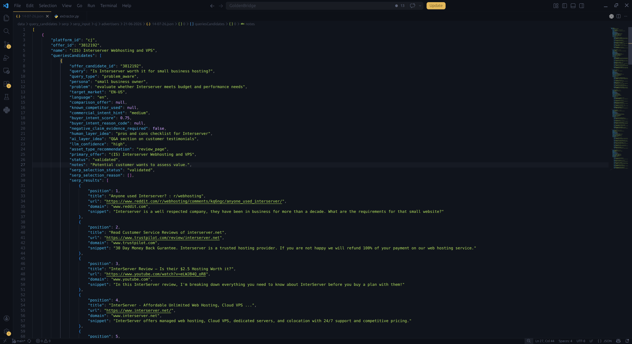 Goldbridge structured JSON output open in Visual Studio Code
